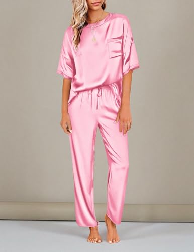 Ensemble de pyjama en satin soyeux pour femmes Ekouaer, chemise à manches courtes avec pantalon de pyjama long, vêtements de détente doux