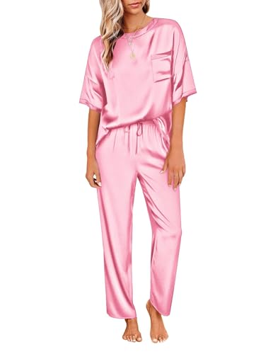 Ensemble de pyjama en satin soyeux pour femmes Ekouaer, chemise à manches courtes avec pantalon de pyjama long, vêtements de détente doux