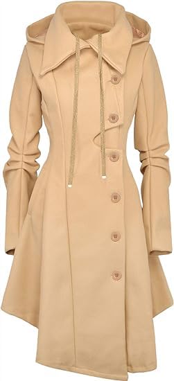 QZUnique Trench Coat pour Femmes Gothique Punk Col Caban Hiver Vêtements D'extérieur Femmes Longue Polaire Caban Veste Slim Capuche Robe Manteau