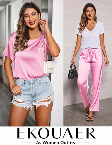 Ensemble de pyjama en satin soyeux pour femmes Ekouaer, chemise à manches courtes avec pantalon de pyjama long, vêtements de détente doux