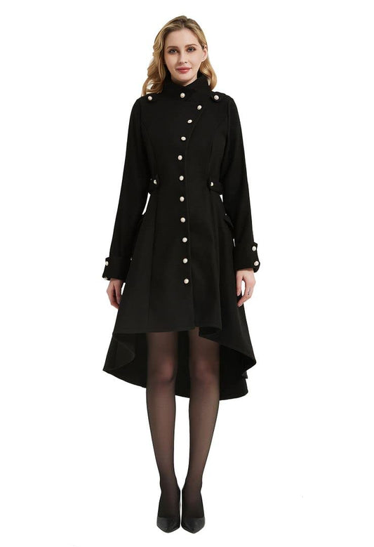 QZUnique Trench Coat for Women Gothic Punk Collar Peacoat Winter Outwear Women's Long Fleece Pea Jacket Slim Hood Dress Coat