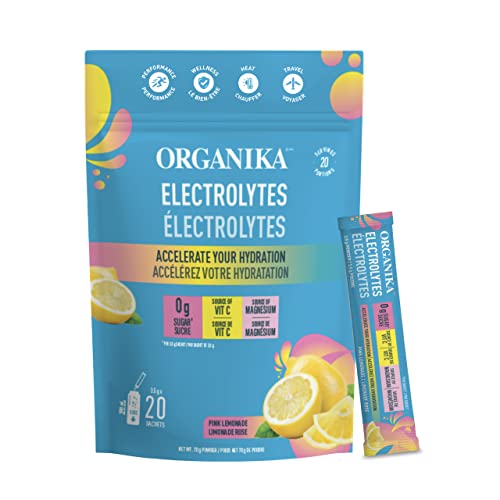 Polvo de electrolitos Organika, bolsitas de limonada rosa, hidratación sin azúcar y reposición de electrolitos con prebióticos y vitamina C, 3,5 g, 20 unidades 