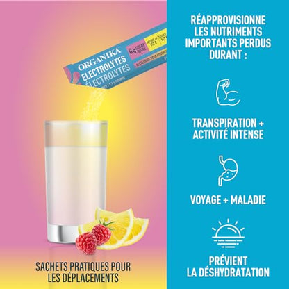 Poudre d'électrolytes Organika - Sachets de limonade rose - Hydratation sans sucre à emporter et réapprovisionnement en électrolytes avec prébiotiques et vitamine C 3,5 g x 20 ct 