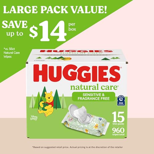 Huggies Natural Care Sensitive Baby Wipes, Unscented, Hypoallergenic, 99% Purified Water, 15 Flip-Top Packs (960 Wipes Total)