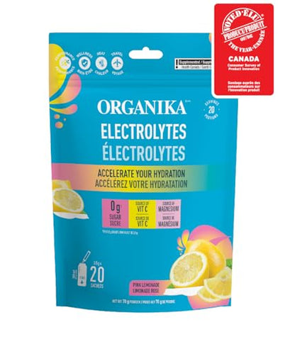 Poudre d'électrolytes Organika - Sachets de limonade rose - Hydratation sans sucre à emporter et réapprovisionnement en électrolytes avec prébiotiques et vitamine C 3,5 g x 20 ct 