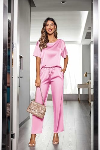 Ensemble de pyjama en satin soyeux pour femmes Ekouaer, chemise à manches courtes avec pantalon de pyjama long, vêtements de détente doux