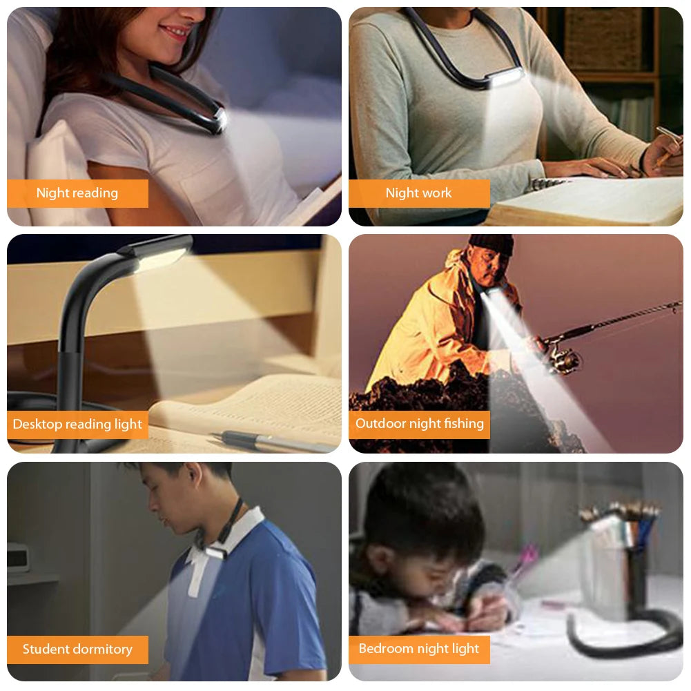 Lámpara de lectura para el cuello, luces para libros, lectura en la cama, flexible, duradera, portátil, recargable por USB, novedad, iluminación LED flexible para libros