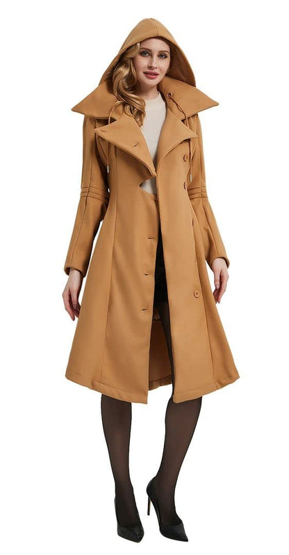 QZUnique Trench Coat pour Femmes Gothique Punk Col Caban Hiver Vêtements D'extérieur Femmes Longue Polaire Caban Veste Slim Capuche Robe Manteau