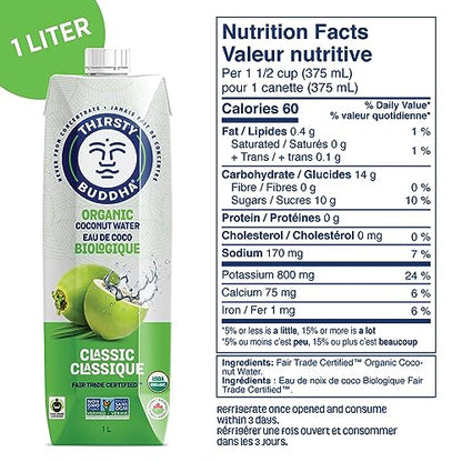 THIRSTY BUDDHA Coconut Water - Pure Coconut Water- Premium Coconut Water- Organic Coconut Water- Fair Trade Certified Coconut Water- All Natural Hydration – Electrolytes – Sports Drink- No Added Sugar– Vegan –Non-GMO Coconut Water, 1L (6/1L)