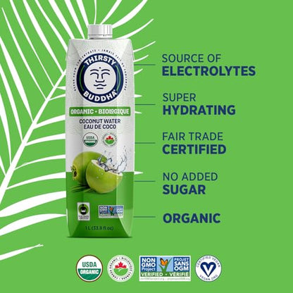 THIRSTY BUDDHA Coconut Water - Pure Coconut Water- Premium Coconut Water- Organic Coconut Water- Fair Trade Certified Coconut Water- All Natural Hydration – Electrolytes – Sports Drink- No Added Sugar– Vegan –Non-GMO Coconut Water, 1L (6/1L)