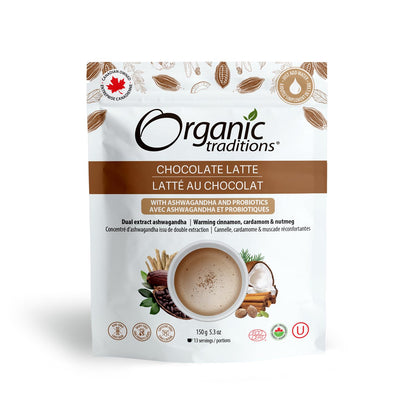 Latte au chocolat superalimentaire avec ashwagandha d'Organic Traditions, mélange de boissons sans caféine et sans produits laitiers pour chocolat chaud et glacé, sachet de 150 g/5,3 oz 