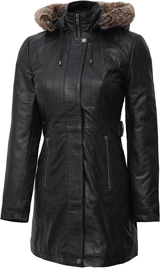 Decrum Hooded Leather Coat - Real Lambskin Parka Leather Jacket For Women With Removable Hood