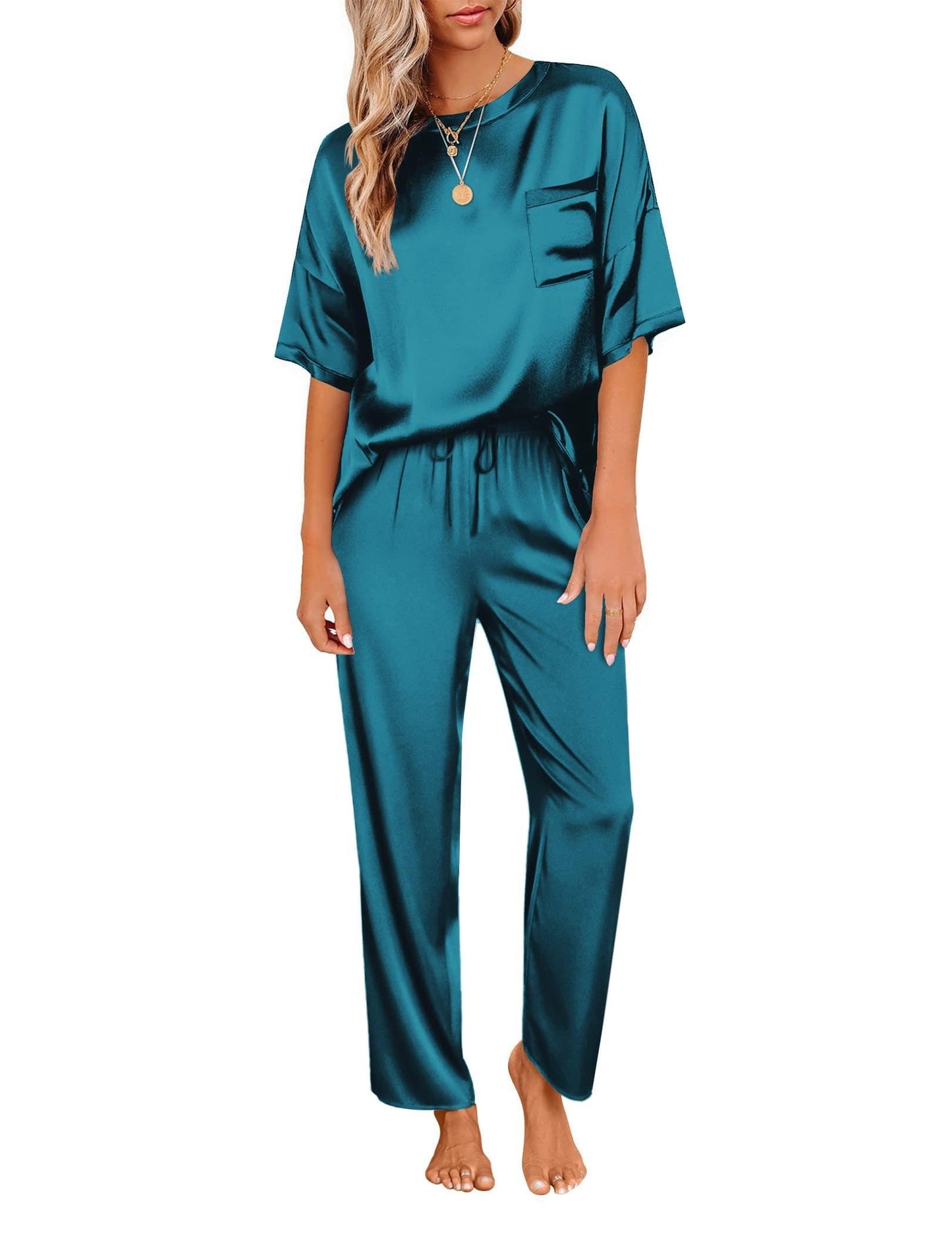 Ensemble de pyjama en satin soyeux pour femmes Ekouaer, chemise à manches courtes avec pantalon de pyjama long, vêtements de détente doux