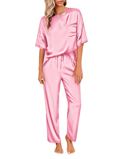 Ensemble de pyjama en satin soyeux pour femmes Ekouaer, chemise à manches courtes avec pantalon de pyjama long, vêtements de détente doux