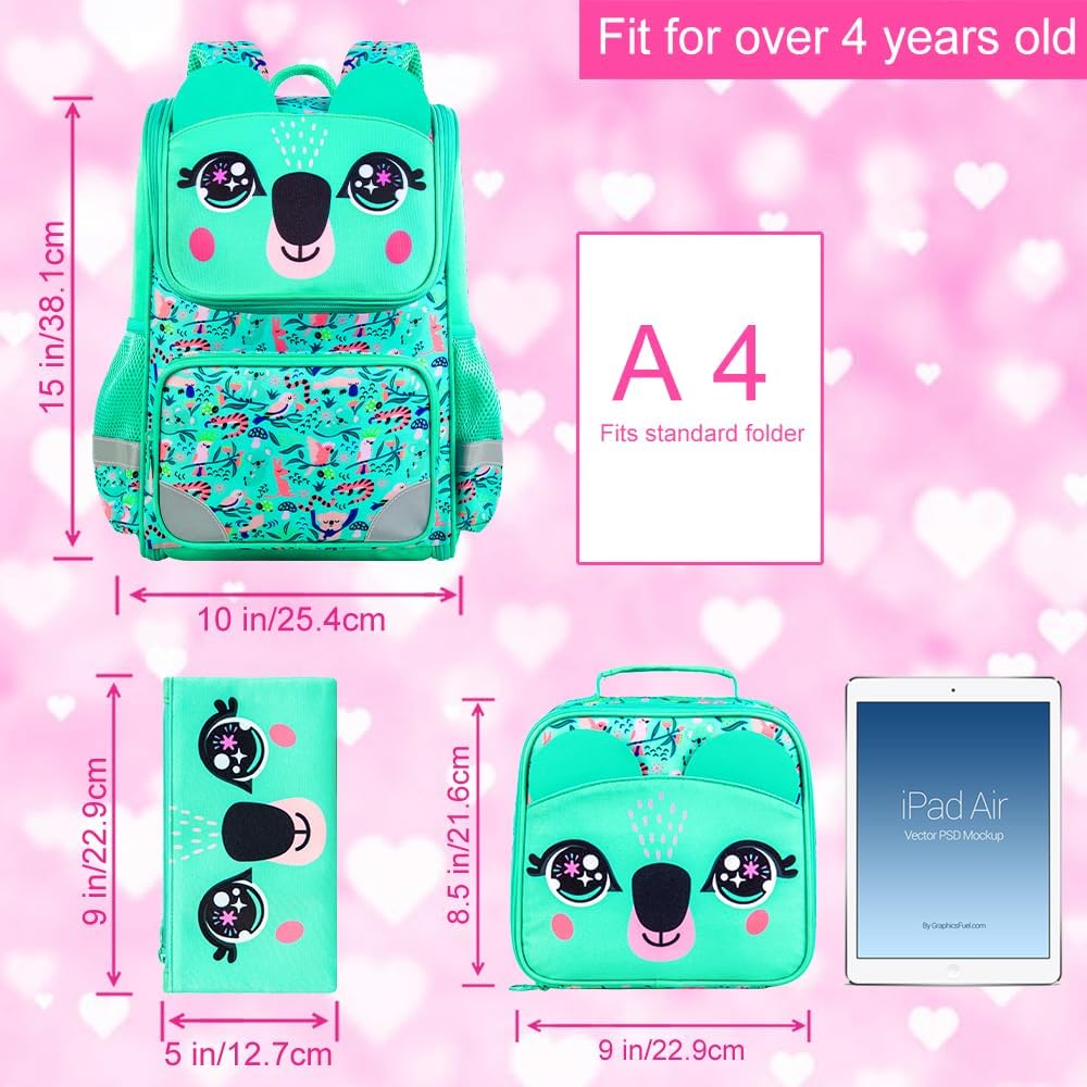 3PCS Kids Backpack for Girls, 15" Sequin Bookbag with Lunch Box, Leopard School Bag Set for Elementary Preschool Toddler