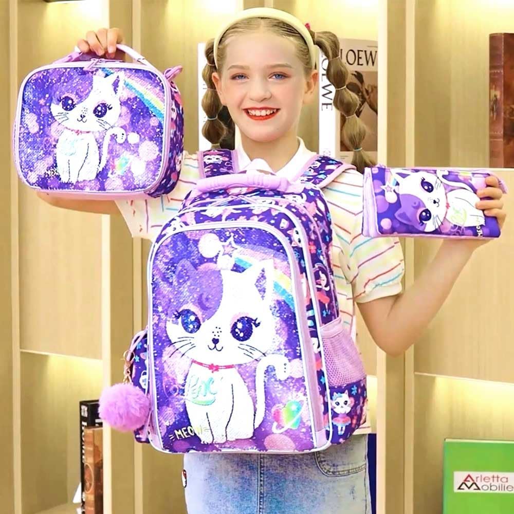 3PCS Kids Backpack for Girls, 15" Sequin Bookbag with Lunch Box, Leopard School Bag Set for Elementary Preschool Toddler