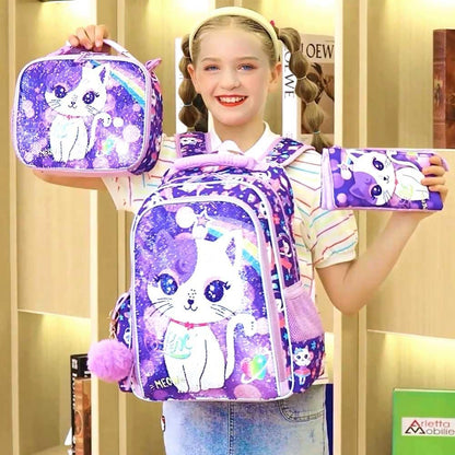 3PCS Kids Backpack for Girls, 15" Sequin Bookbag with Lunch Box, Leopard School Bag Set for Elementary Preschool Toddler