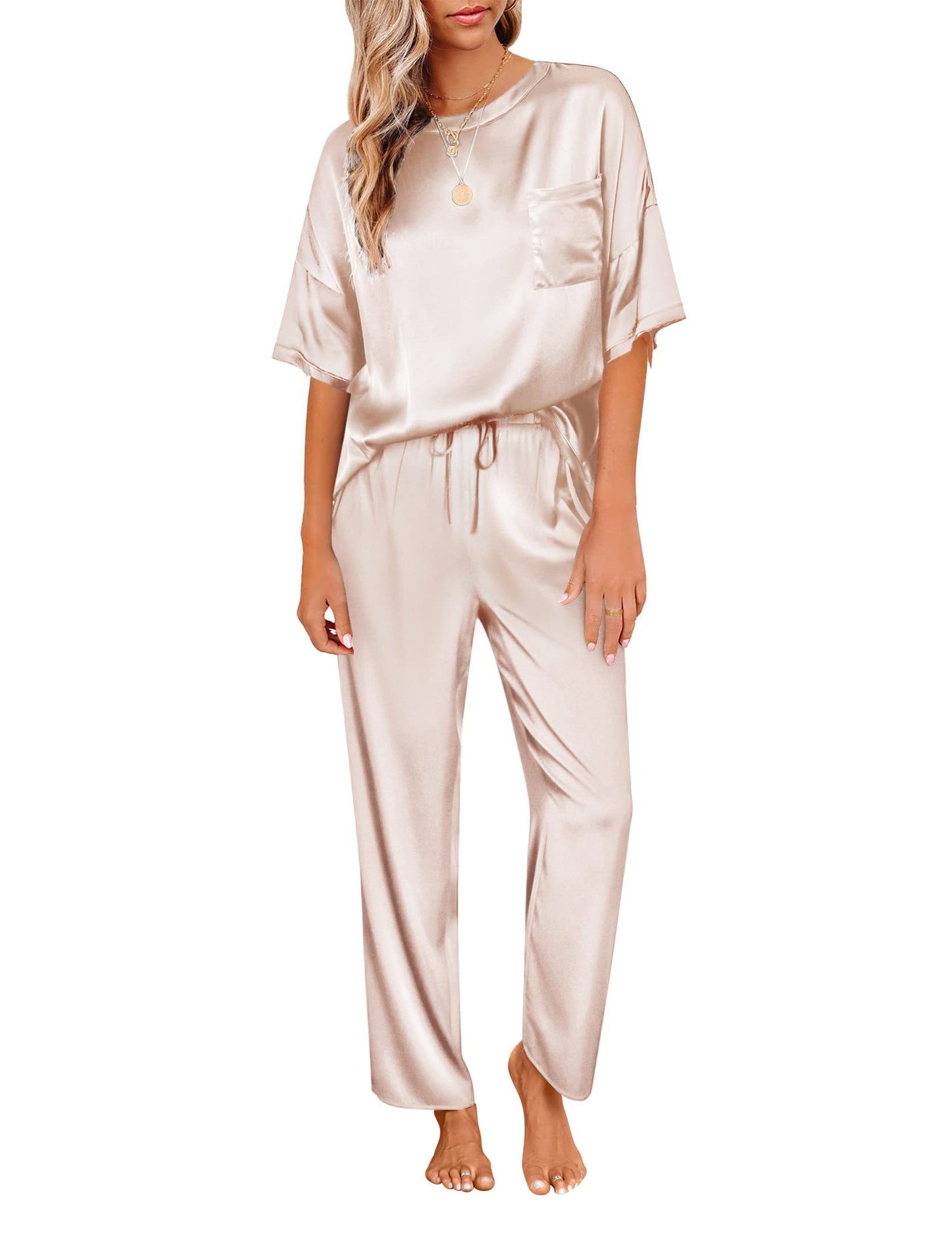 Ensemble de pyjama en satin soyeux pour femmes Ekouaer, chemise à manches courtes avec pantalon de pyjama long, vêtements de détente doux