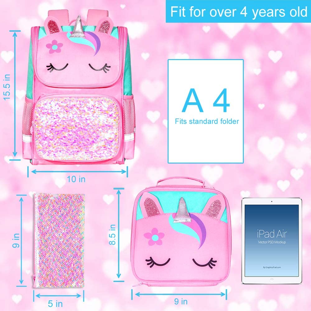 3PCS Kids Backpack for Girls, 15" Sequin Bookbag with Lunch Box, Leopard School Bag Set for Elementary Preschool Toddler