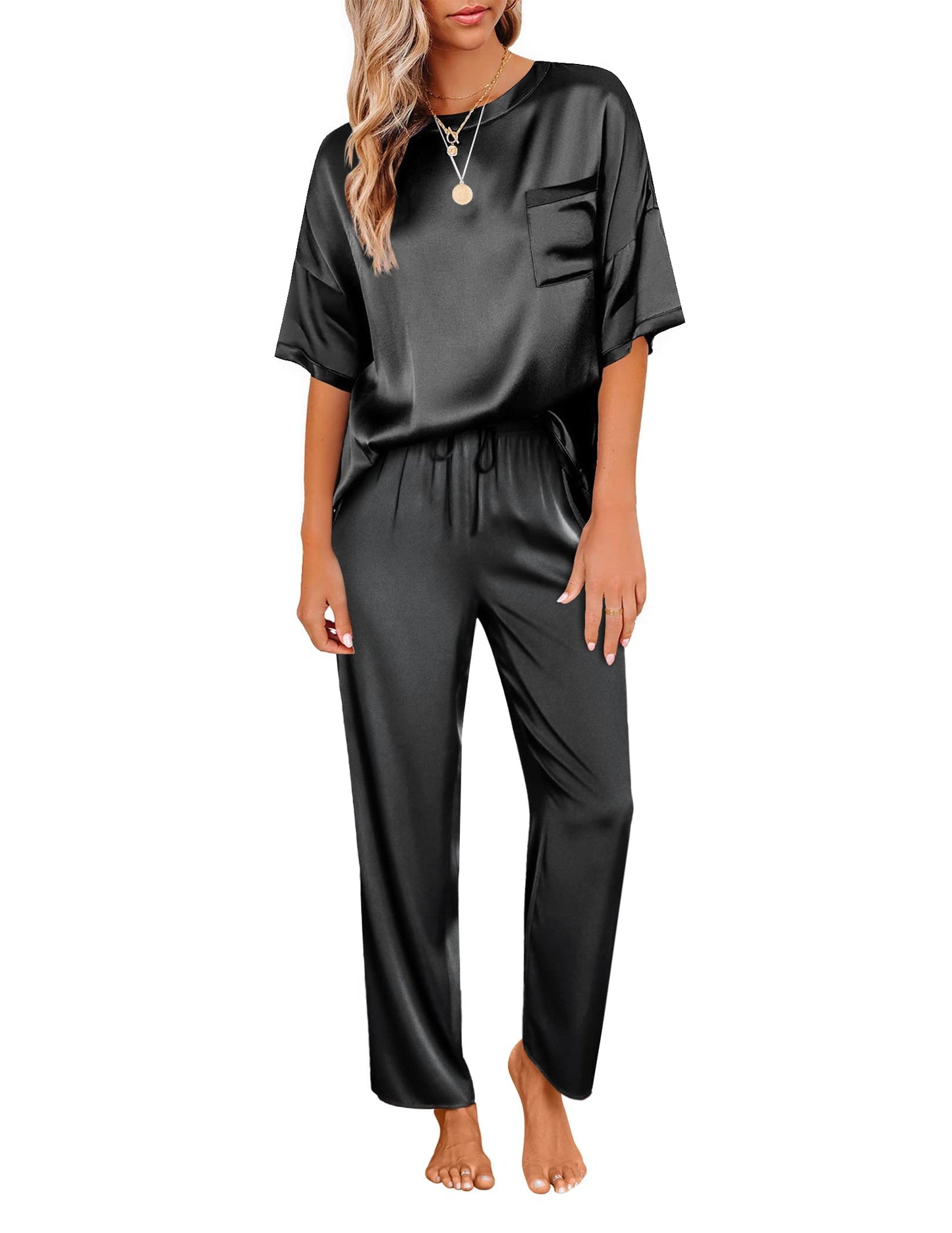 Ensemble de pyjama en satin soyeux pour femmes Ekouaer, chemise à manches courtes avec pantalon de pyjama long, vêtements de détente doux