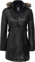 Decrum Hooded Leather Coat - Real Lambskin Parka Leather Jacket For Women With Removable Hood