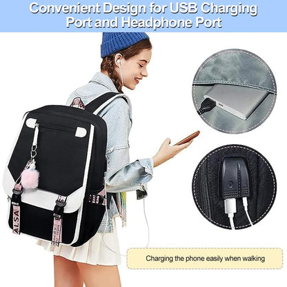 Uplayteck Kids School Backpack Waterproof with Earphone Port&USB Charging Port Cute Laptop Backpack Bag Black for Kids Teenagers Girls