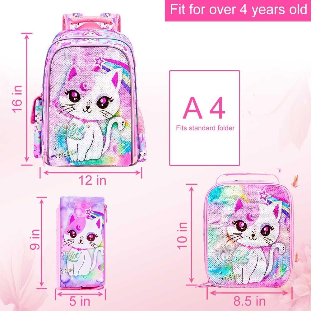 3PCS Kids Backpack for Girls, 15" Sequin Bookbag with Lunch Box, Leopard School Bag Set for Elementary Preschool Toddler