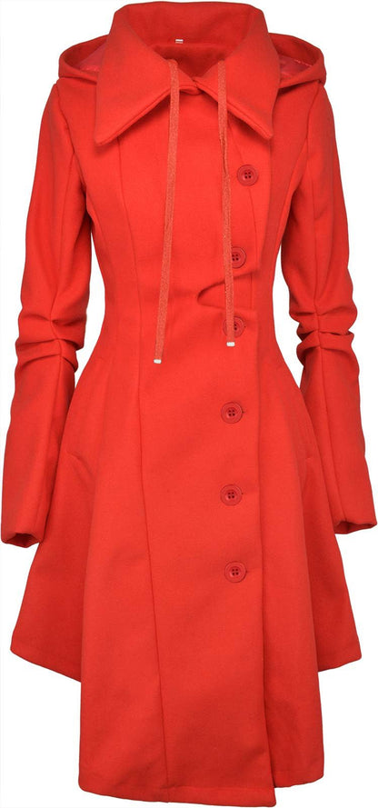 QZUnique Trench Coat pour Femmes Gothique Punk Col Caban Hiver Vêtements D'extérieur Femmes Longue Polaire Caban Veste Slim Capuche Robe Manteau