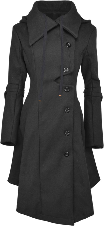 QZUnique Trench Coat pour Femmes Gothique Punk Col Caban Hiver Vêtements D'extérieur Femmes Longue Polaire Caban Veste Slim Capuche Robe Manteau