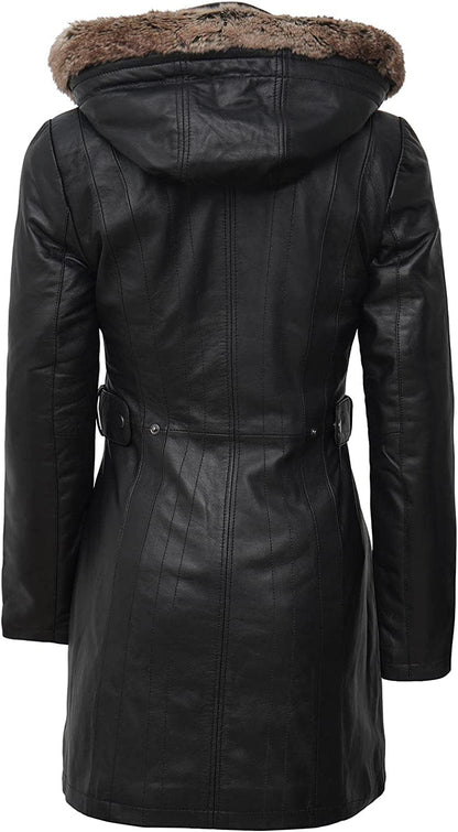 Decrum Hooded Leather Coat - Real Lambskin Parka Leather Jacket For Women With Removable Hood