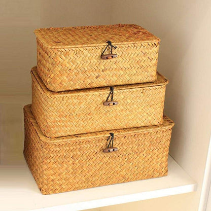 3 Pack Seagrass Baskets with Lid, Wicker Storage Baskets Flat Rattan Storage Bins, Woven Organizer Baskets for Shelf Closet Bedroom, Makeup Organizer Boxes