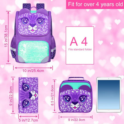 3PCS Kids Backpack for Girls, 15" Sequin Bookbag with Lunch Box, Leopard School Bag Set for Elementary Preschool Toddler