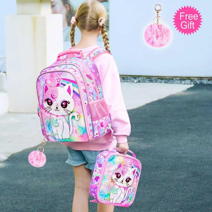 Lot de 3 sacs à dos à paillettes pour filles, sac à dos avec boîte à lunch, sac d'école maternelle pour enfants de 15 pouces pour élèves du primaire et du tout-petit - Koala vert 