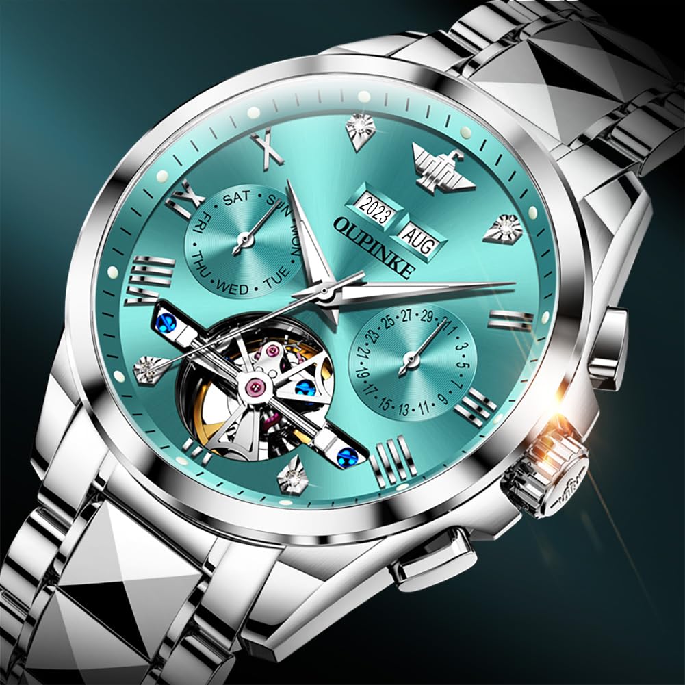 Relojes OUPINKE para hombre, automáticos, de lujo, con diamantes, esqueleto, mecánicos, para hombre, de acero inoxidable, de dos tonos, para negocios, resistentes al agua y luminosos 