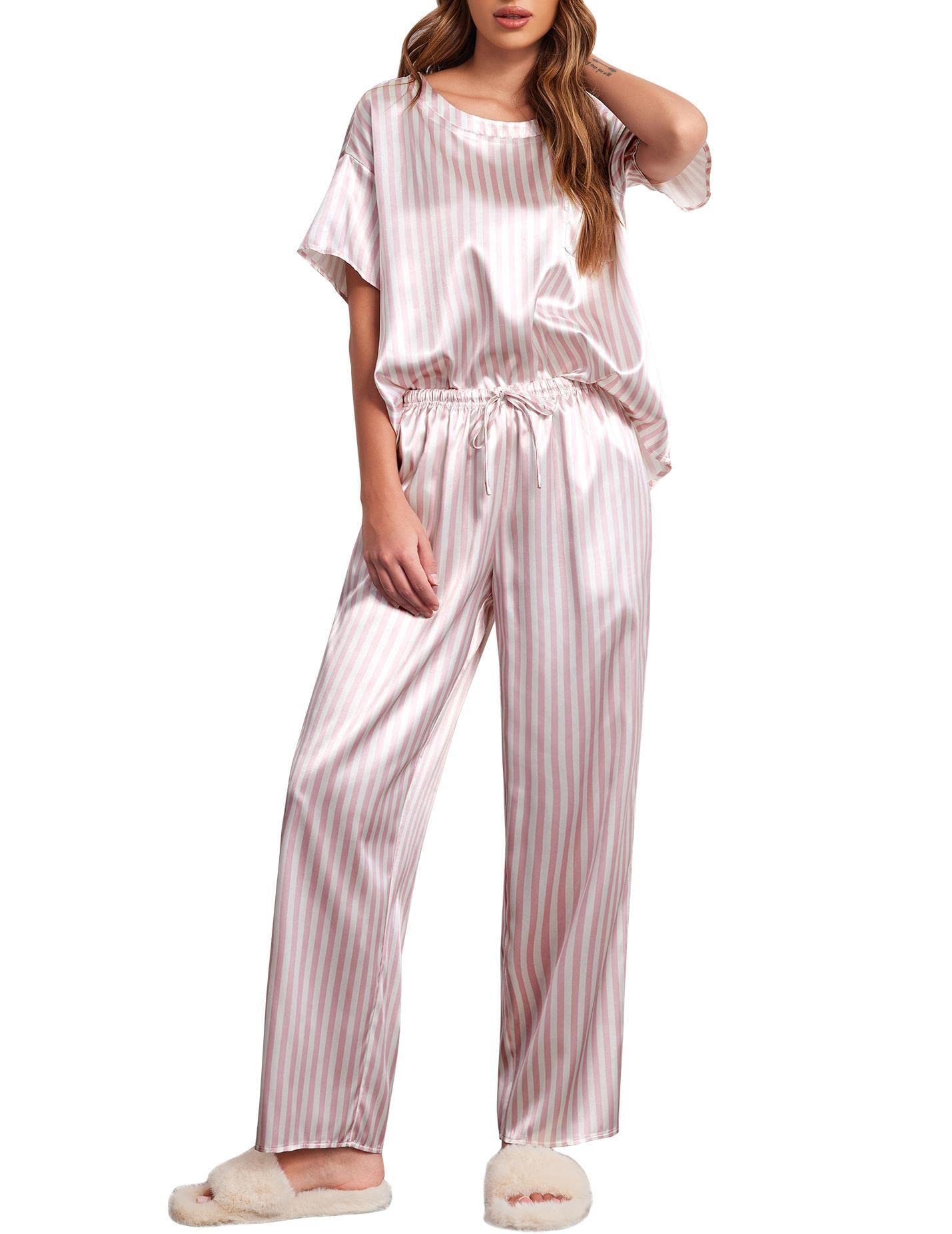 Ensemble de pyjama en satin soyeux pour femmes Ekouaer, chemise à manches courtes avec pantalon de pyjama long, vêtements de détente doux