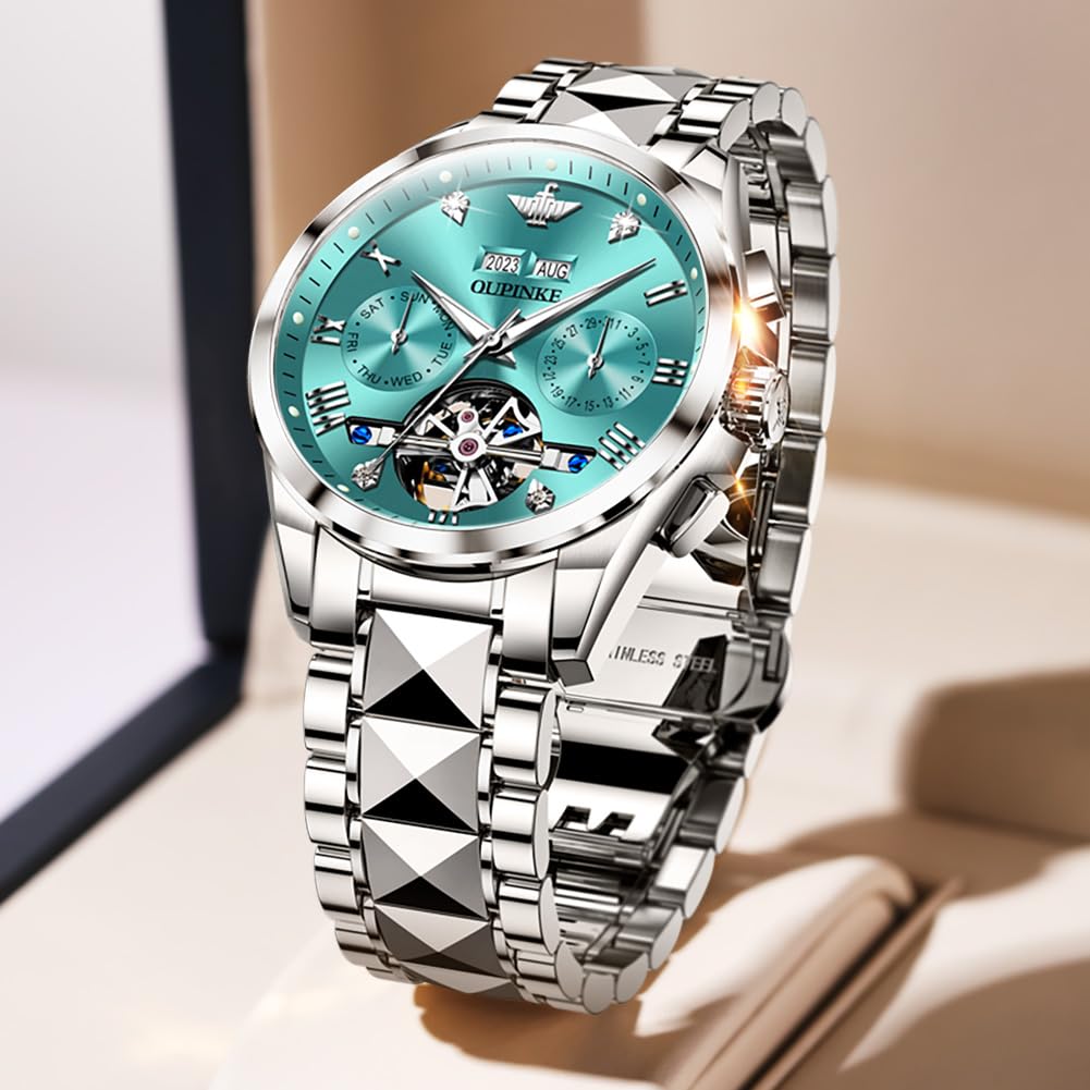 Relojes OUPINKE para hombre, automáticos, de lujo, con diamantes, esqueleto, mecánicos, para hombre, de acero inoxidable, de dos tonos, para negocios, resistentes al agua y luminosos 