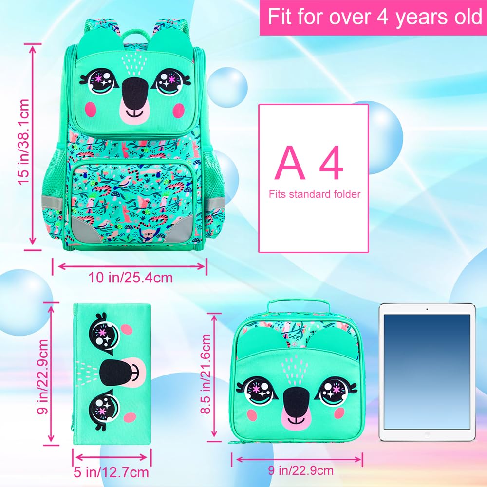 Lot de 3 sacs à dos à paillettes pour filles, sac à dos avec boîte à lunch, sac d'école maternelle pour enfants de 15 pouces pour élèves du primaire et du tout-petit - Koala vert 