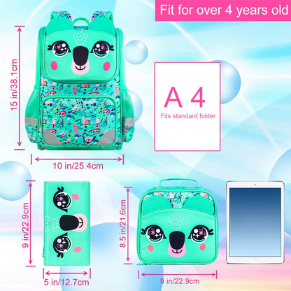 Lot de 3 sacs à dos à paillettes pour filles, sac à dos avec boîte à lunch, sac d'école maternelle pour enfants de 15 pouces pour élèves du primaire et du tout-petit - Koala vert 