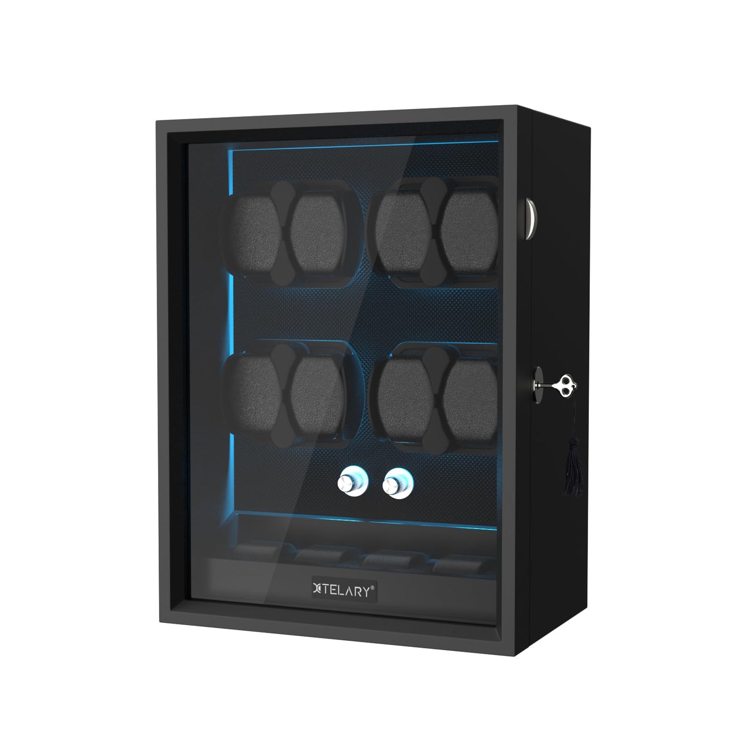 XTELARY Watch Winder for 4/6/8/12 Automatic Watches, Lockable Automatic Winders with Extra Watch Storages, 4 Rotation Modes, Flexible Watch Pillows, Quiet Mabuchi Motor, and Blue Backlight