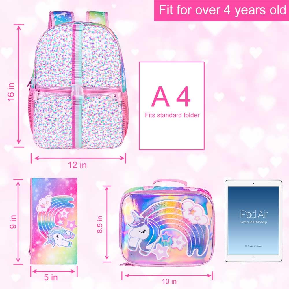 3PCS Kids Backpack for Girls, 15" Sequin Bookbag with Lunch Box, Leopard School Bag Set for Elementary Preschool Toddler