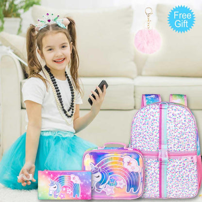 3PCS Kids Backpack for Girls, 15" Sequin Bookbag with Lunch Box, Leopard School Bag Set for Elementary Preschool Toddler