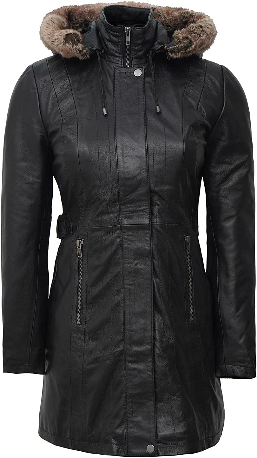 Decrum Hooded Leather Coat - Real Lambskin Parka Leather Jacket For Women With Removable Hood