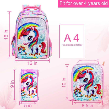 3PCS Kids Backpack for Girls, 15" Sequin Bookbag with Lunch Box, Leopard School Bag Set for Elementary Preschool Toddler