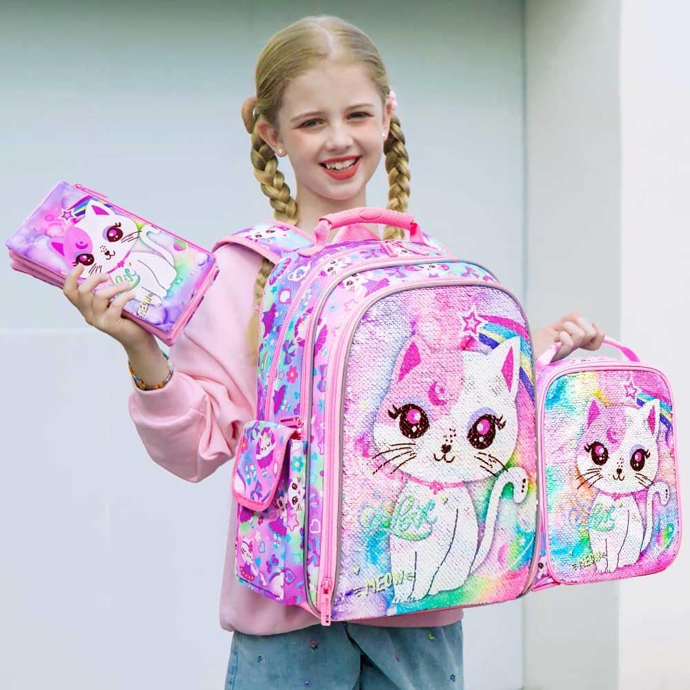 3PCS Kids Backpack for Girls, 15" Sequin Bookbag with Lunch Box, Leopard School Bag Set for Elementary Preschool Toddler