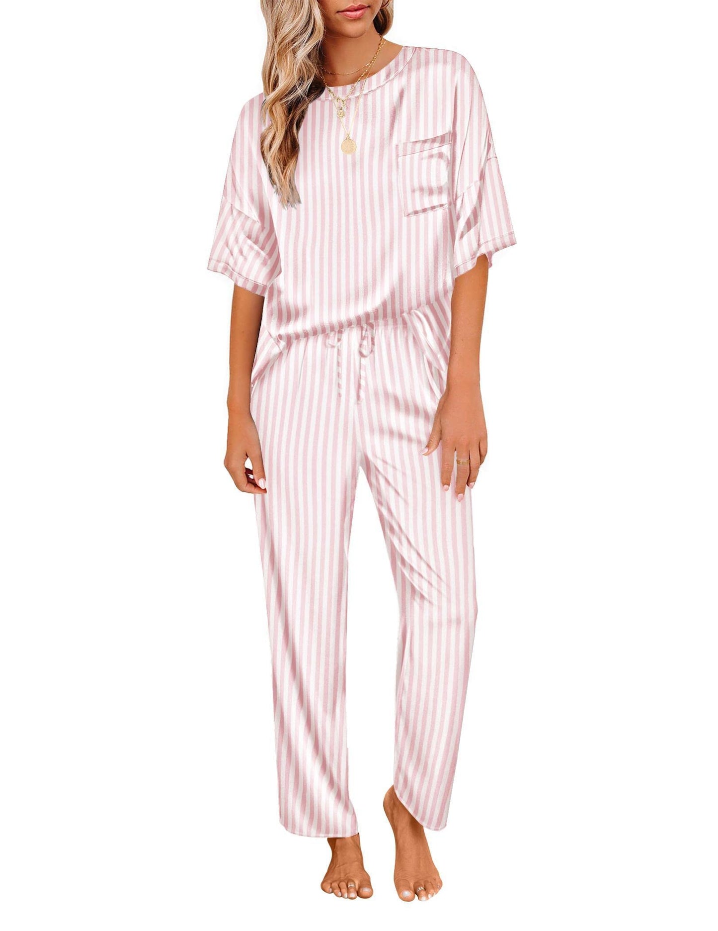 Ensemble de pyjama en satin soyeux pour femmes Ekouaer, chemise à manches courtes avec pantalon de pyjama long, vêtements de détente doux