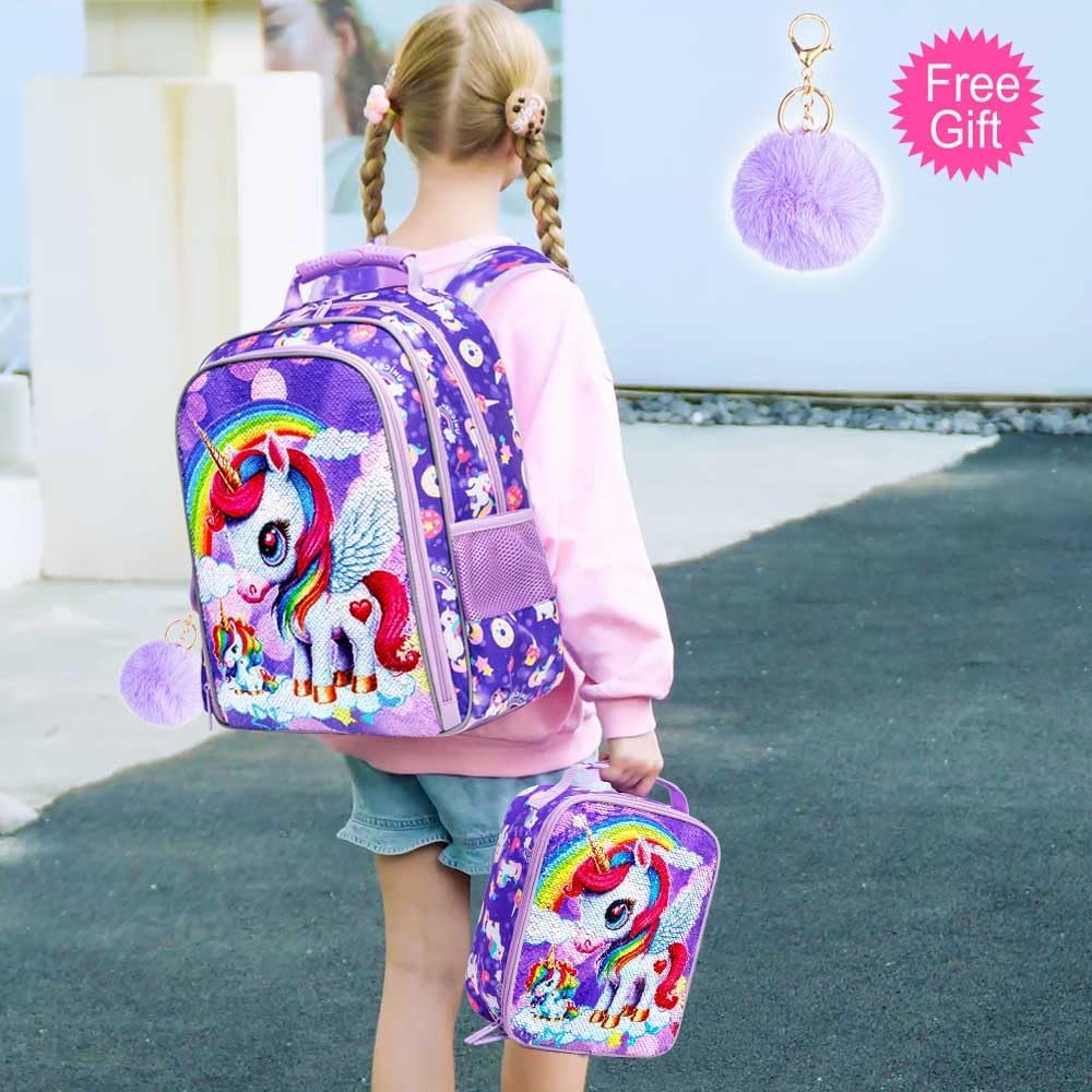 Lot de 3 sacs à dos à paillettes pour filles, sac à dos avec boîte à lunch, sac d'école maternelle pour enfants de 15 pouces pour élèves du primaire et du tout-petit - Koala vert 