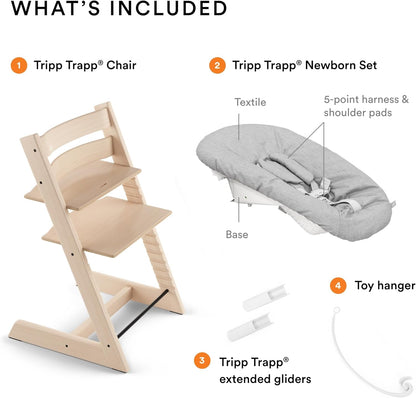 Silla Tripp Trapp de Stokke (natural) + conjunto para recién nacidos Tripp Trapp (gris): cómoda, segura y fácil de usar, para recién nacidos de hasta 20 libras 