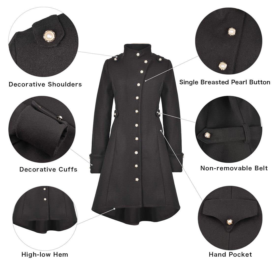 QZUnique Trench Coat pour Femmes Gothique Punk Col Caban Hiver Vêtements D'extérieur Femmes Longue Polaire Caban Veste Slim Capuche Robe Manteau