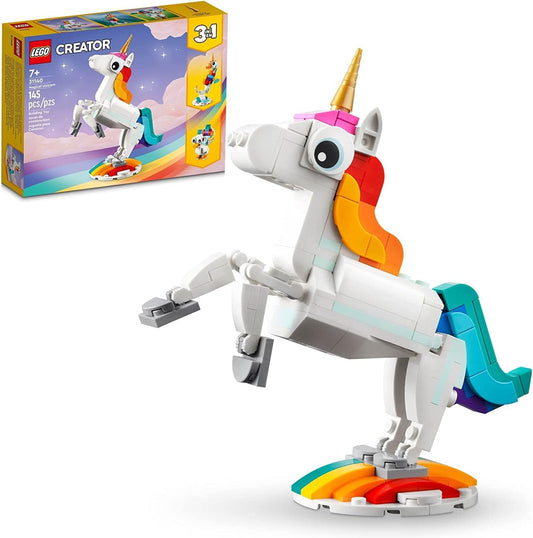 Jouet licorne magique LEGO Creator 3 en 1, se transforme de licorne en hippocampe en paon, figurines d'animaux arc-en-ciel, cadeau licorne pour petits-enfants, filles et garçons, jouets à construire, 31140 