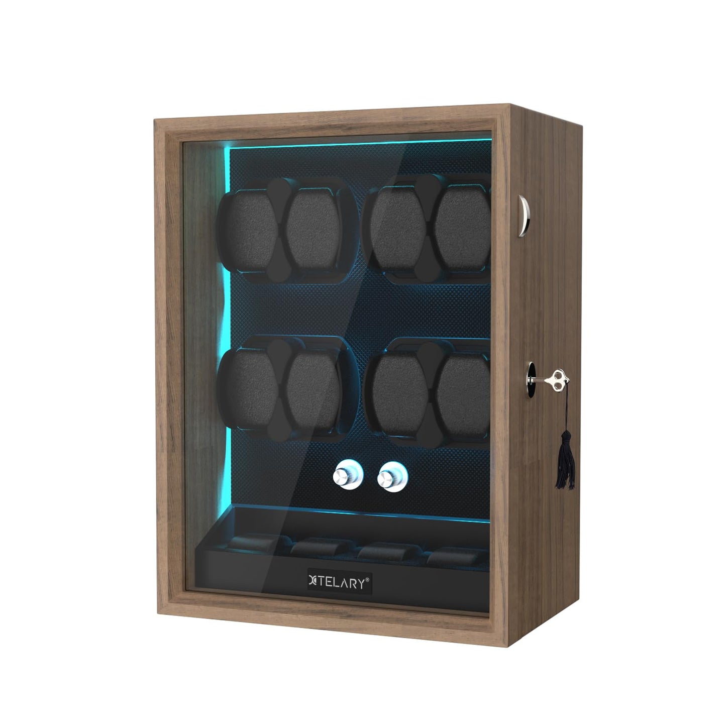 XTELARY Watch Winder for 4/6/8/12 Automatic Watches, Lockable Automatic Winders with Extra Watch Storages, 4 Rotation Modes, Flexible Watch Pillows, Quiet Mabuchi Motor, and Blue Backlight